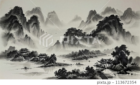 風景 水墨画 船 イラストの写真素材 - PIXTA