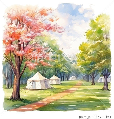 花とベンチ　水彩画 庭のベンチの水彩画のイラスト - 庭のベクターアート素材や画像