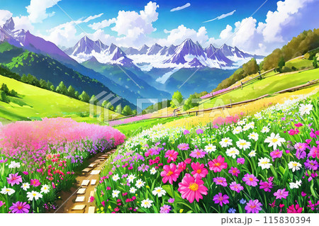 題「花咲く丘」（押し花アート）　 山と花畑の風景 山 花 花畑 風景のイラスト素材 - PIXTA