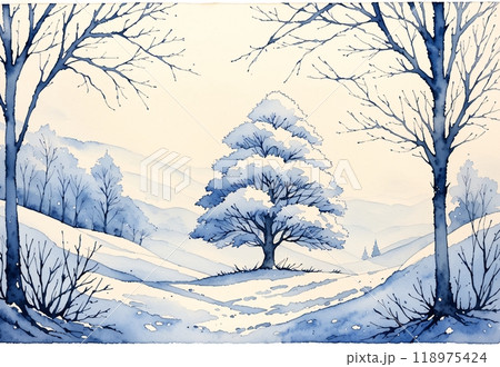 水彩画 木と雪の風景 送料無料】ロシア 白樺の木の絵 雪の木 水彩 オリジナルアート ポプラ
