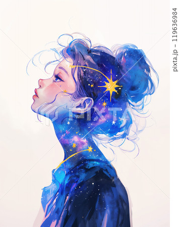 女性 水彩 星 夜空のイラスト素材 - PIXTA