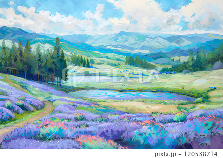 風景画 水彩画 美瑛の春 F10サイズ t*k様 十勝岳連峰と美瑛