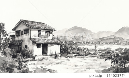水墨画 日本の伝統的な家屋 白い背景に日本の伝統的な建物。 墨絵の水墨画。」のイラスト