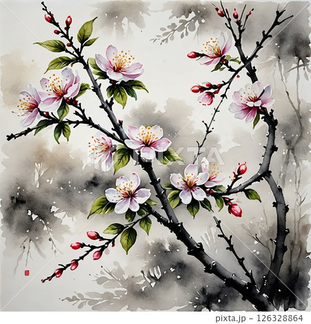 plum 花 日本画 梅の写真素材 - PIXTA
