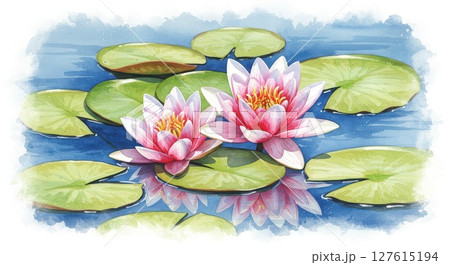 水彩画「蓮池」 はす(蓮)のイラスト・画像No.004『蓮池-水彩画風』／無料の