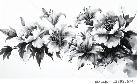 百合 花 水墨画 墨絵のイラスト素材 - PIXTA