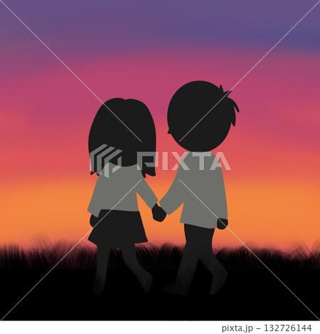 カップル 手をつなぐ 夕日 夕焼けのイラスト素材 - PIXTA