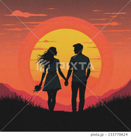 夕焼け 夕日 カップル シルエットのイラスト素材 - PIXTA