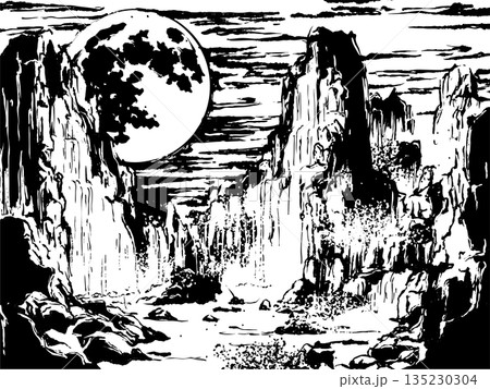 風景 月 川 水墨画のイラスト素材 - PIXTA